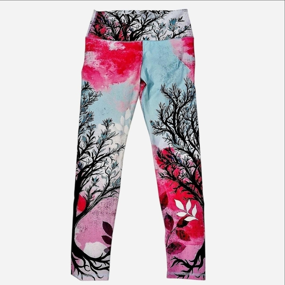 Om Shanti Leggings Trees Leaves Nature Print Sky Blue Hot Pink Magenta Size M
